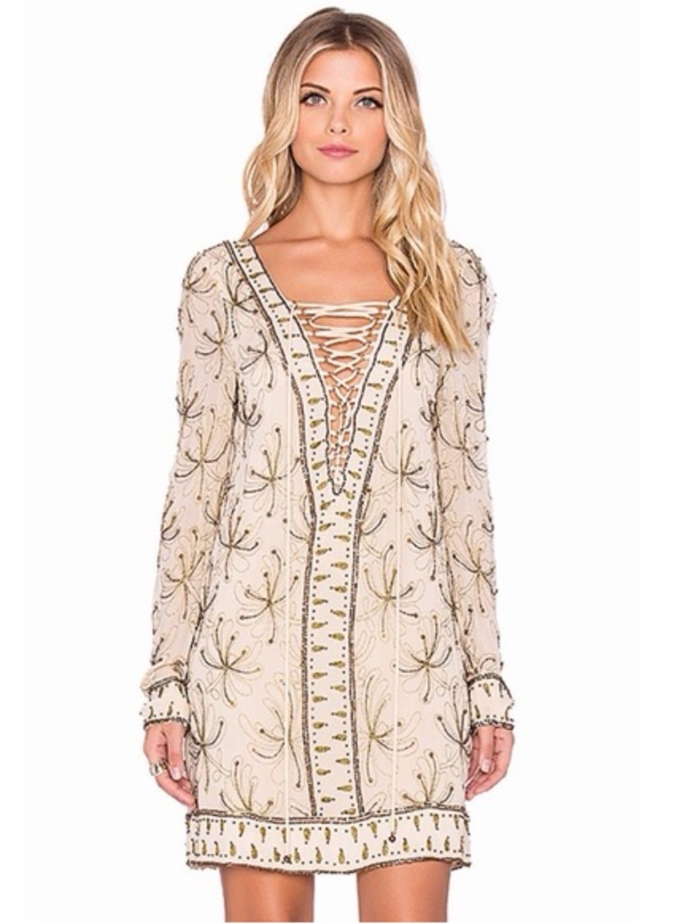 Free People Sicily Embellished Lace-Up V-Neck Mini Dress in Cream